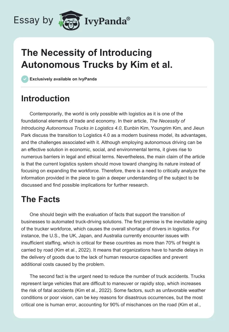 The Necessity of Introducing Autonomous Trucks by Kim et al.. Page 1