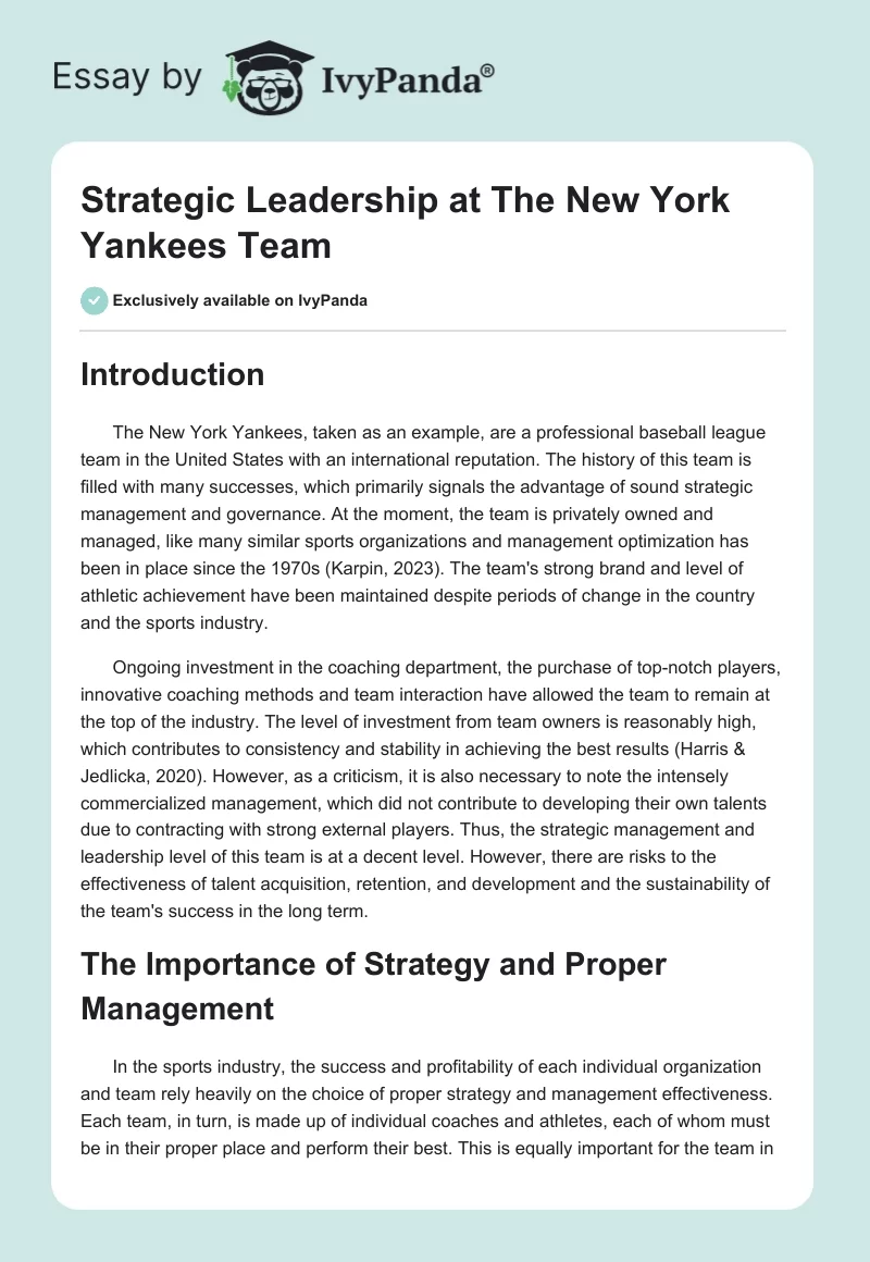 Strategic Leadership at The New York Yankees Team. Page 1