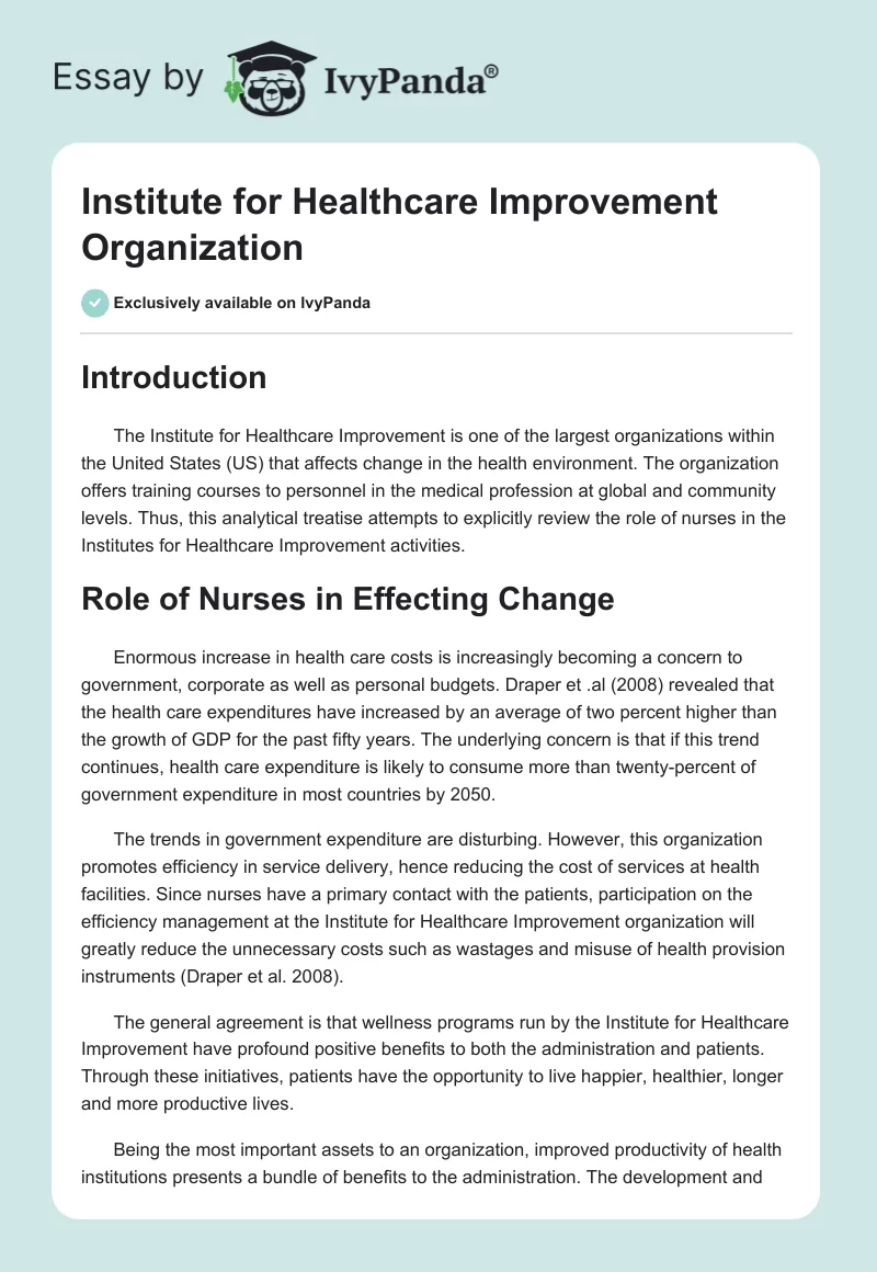 Institute for Healthcare Improvement Organization. Page 1