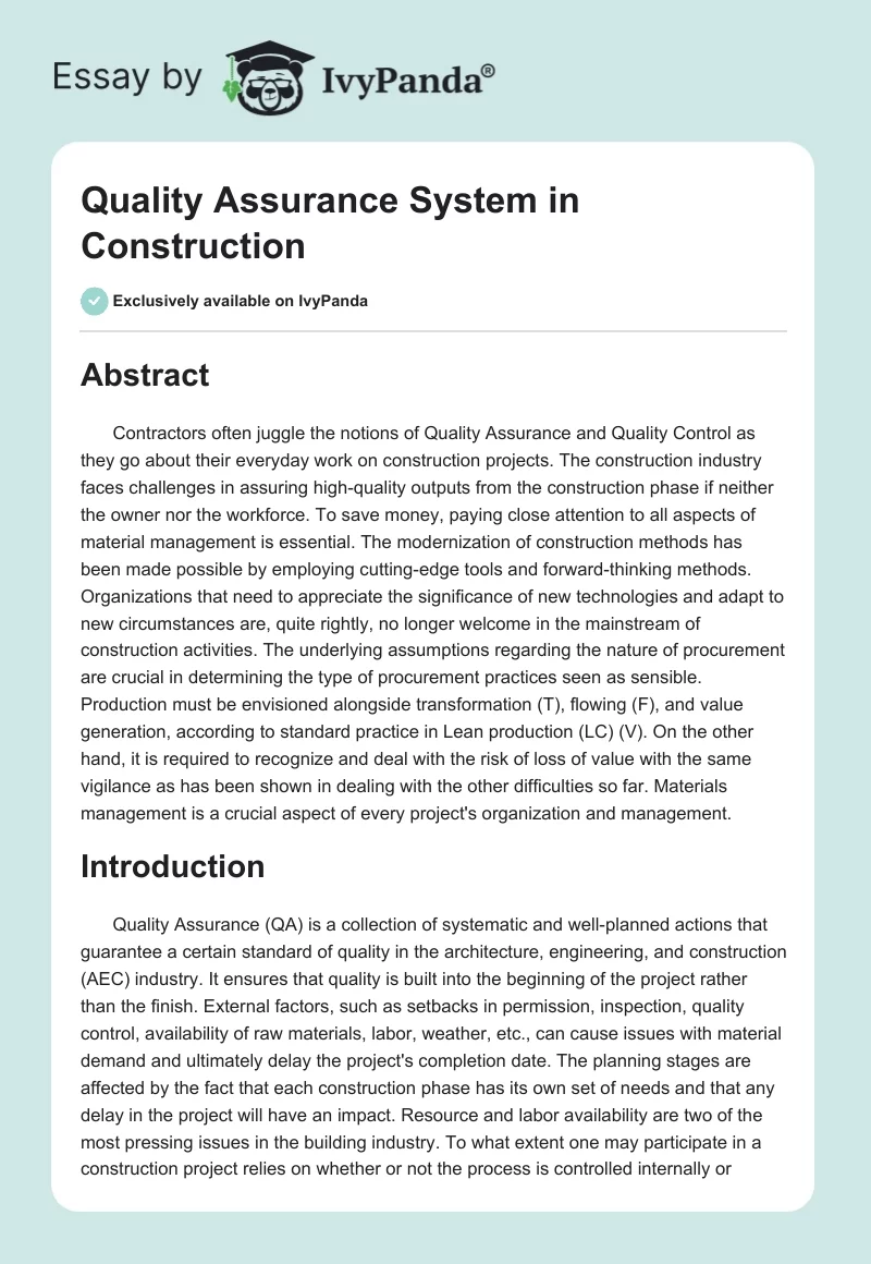 Quality Assurance System in Construction. Page 1