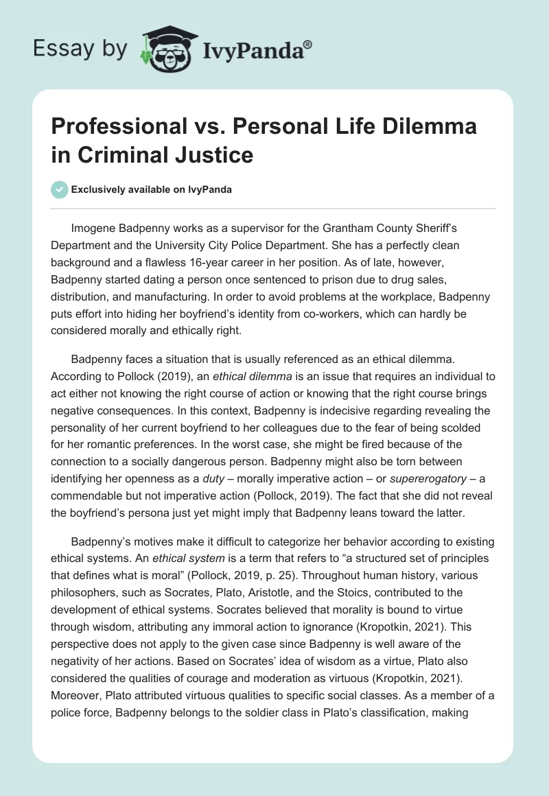 Professional vs. Personal Life Dilemma in Criminal Justice. Page 1