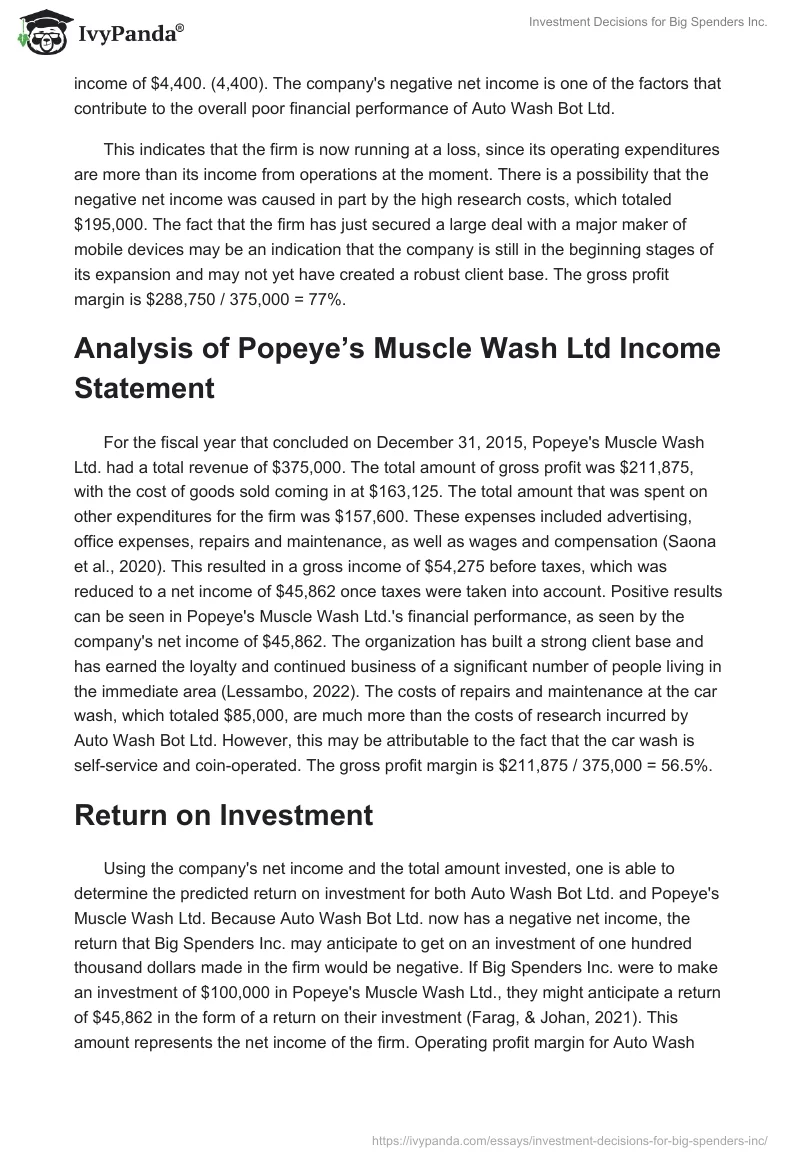 Investment Decisions for Big Spenders Inc.. Page 2