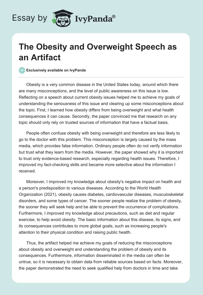 The Obesity and Overweight Speech as an Artifact. Page 1