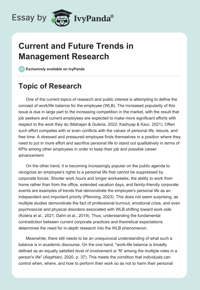 Current and Future Trends in Management Research. Page 1
