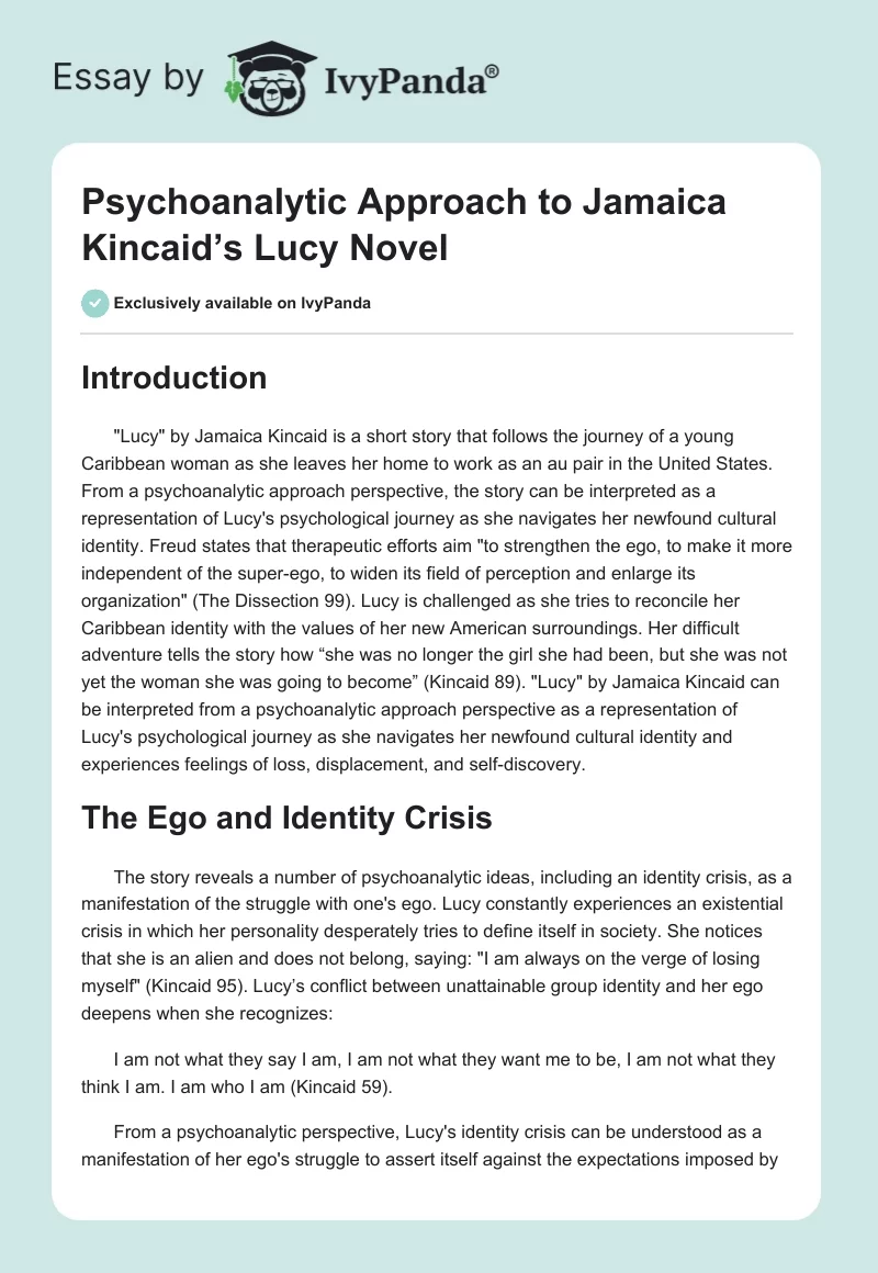 Psychoanalytic Approach to Jamaica Kincaid’s Lucy Novel. Page 1