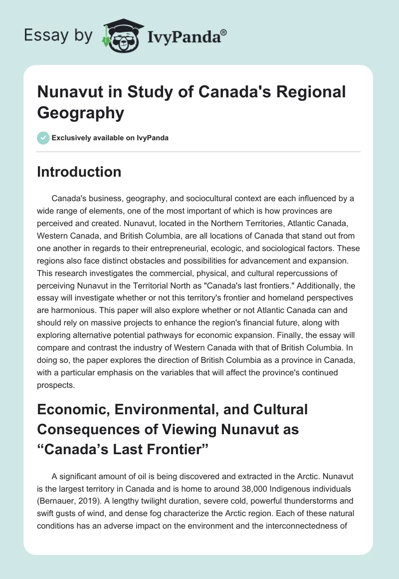 Nunavut in Study of Canada's Regional Geography. Page 1