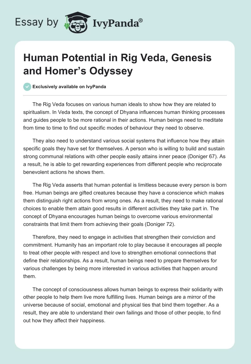 Human Potential in Rig Veda, Genesis and Homer’s The Odyssey. Page 1