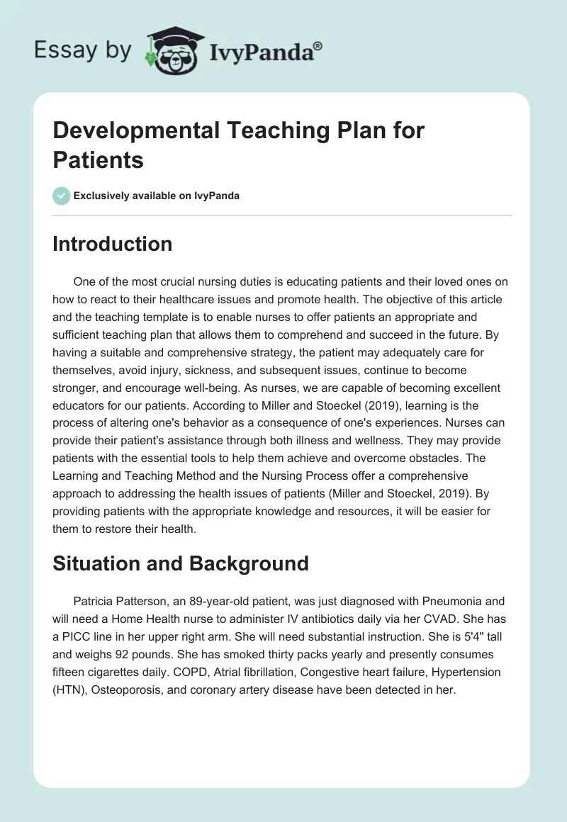 Developmental Teaching Plan for Patients. Page 1
