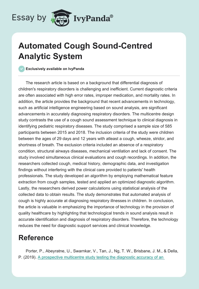 Automated Cough Sound-Centred Analytic System. Page 1