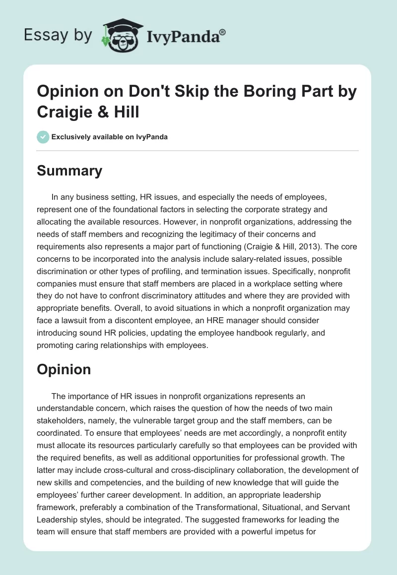 Opinion on "Don't Skip the Boring Part" by Craigie & Hill. Page 1