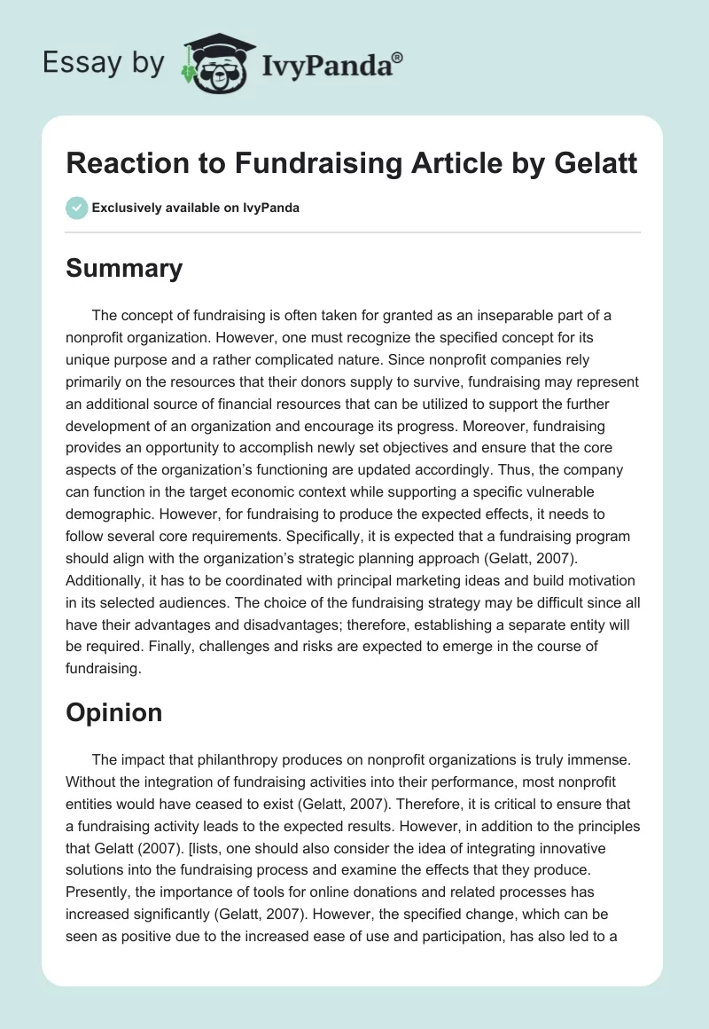 Reaction to "Fundraising" Article by Gelatt. Page 1