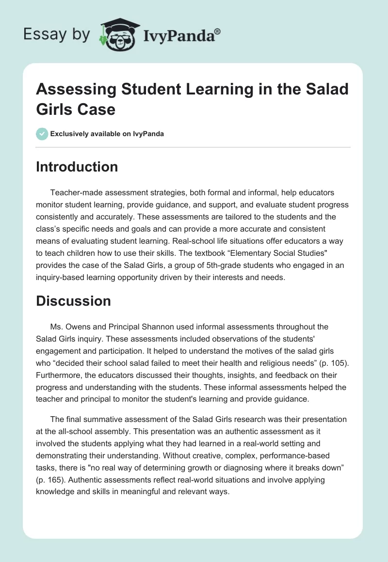 Assessing Student Learning in the Salad Girls Case. Page 1
