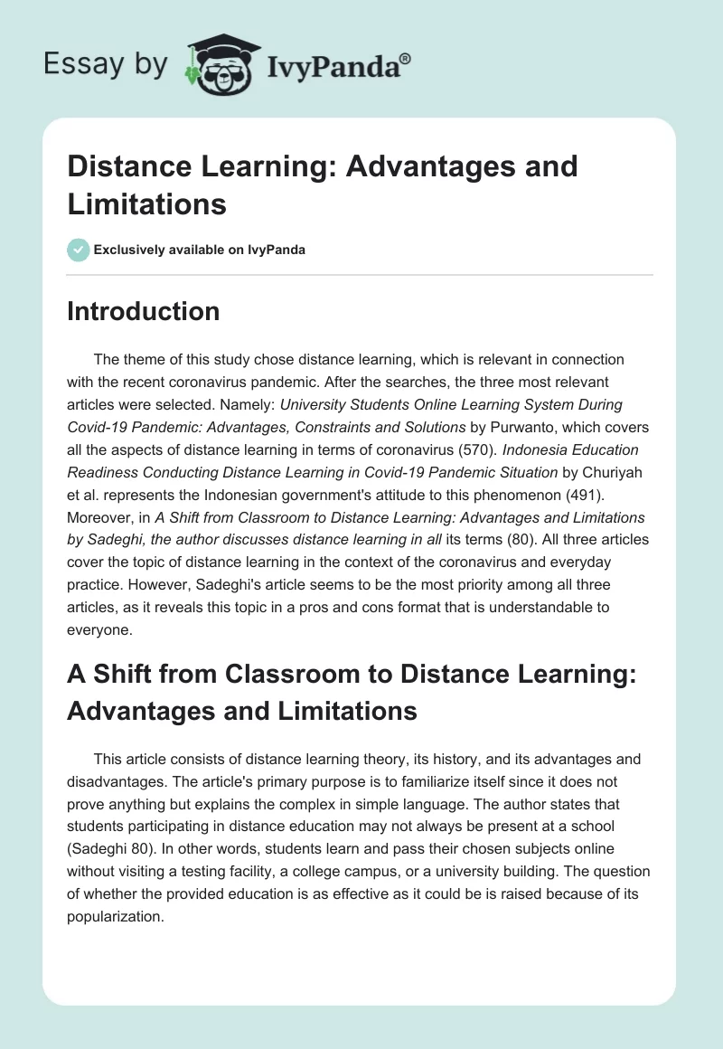 Distance Learning: Advantages and Limitations. Page 1