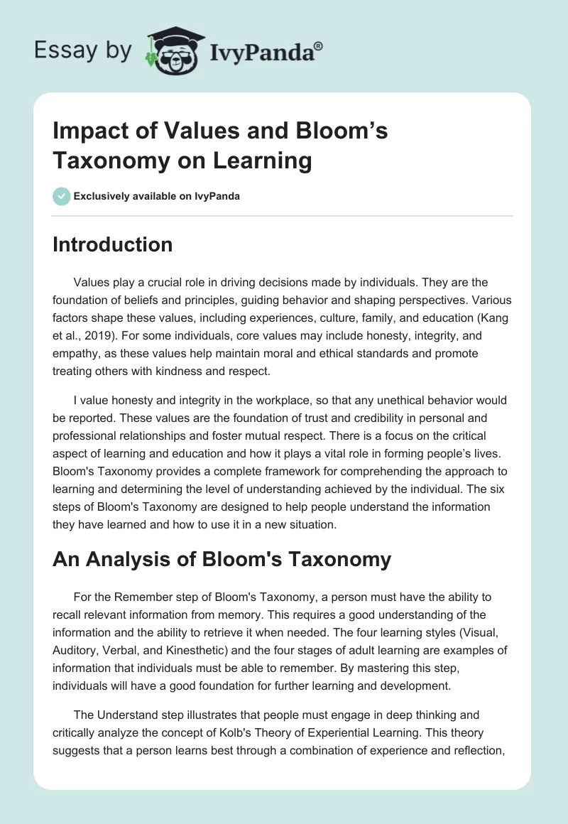 Impact of Values and Bloom’s Taxonomy on Learning. Page 1