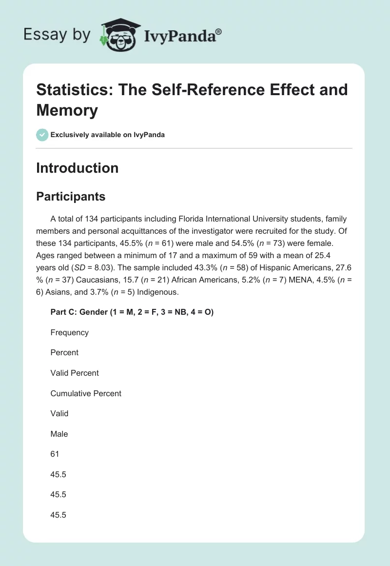 Statistics: The Self-Reference Effect and Memory. Page 1