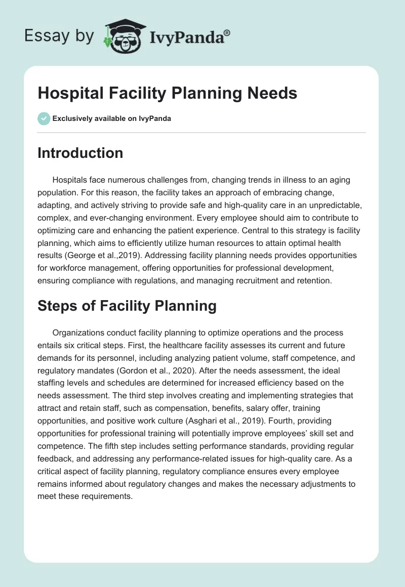 Hospital Facility Planning Needs. Page 1