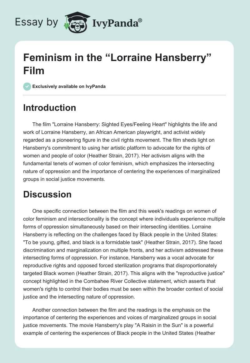 Feminism in the “Lorraine Hansberry” Film. Page 1