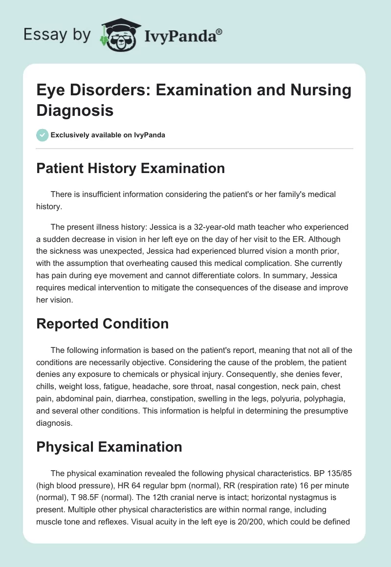 Eye Disorders: Examination and Nursing Diagnosis. Page 1