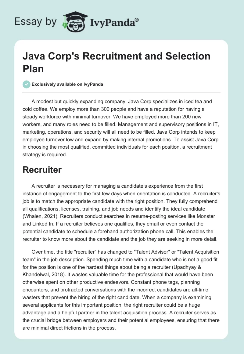 Java Corp's Recruitment and Selection Plan. Page 1