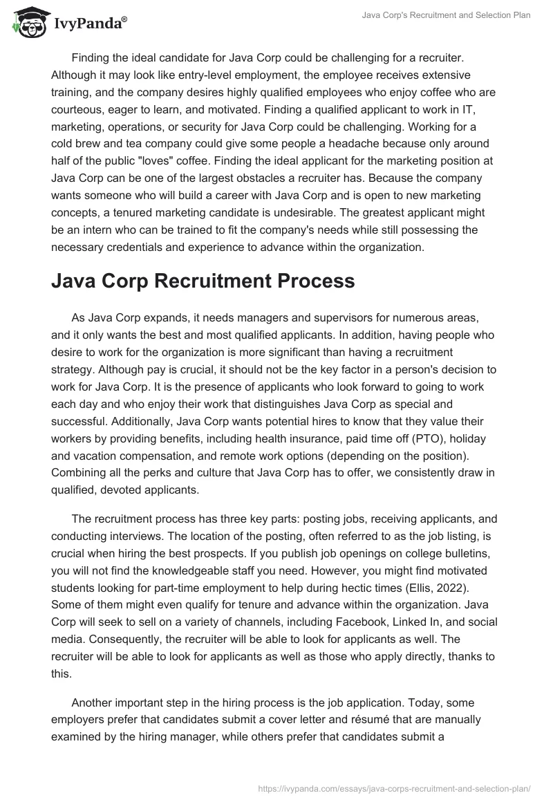 Java Corp's Recruitment and Selection Plan. Page 2