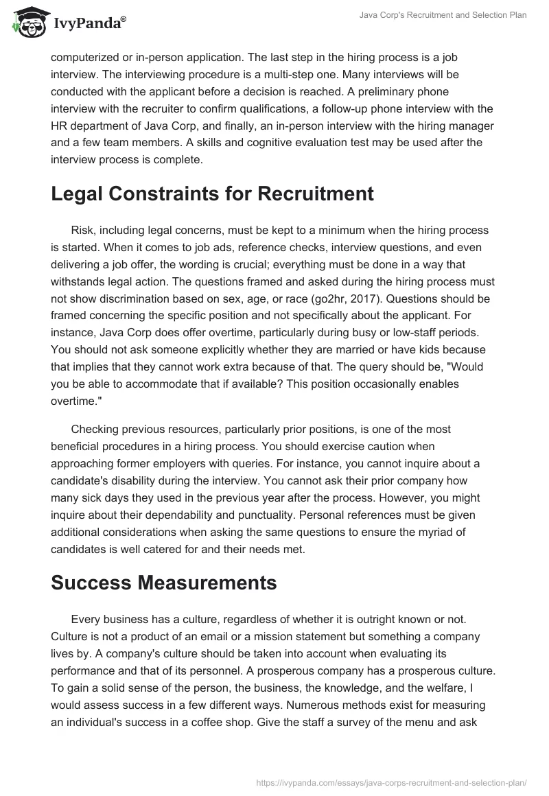 Java Corp's Recruitment and Selection Plan. Page 3