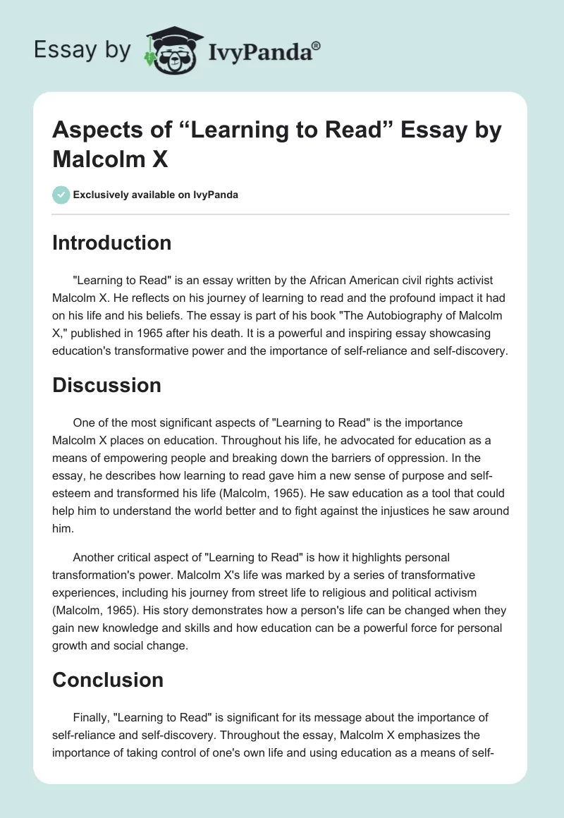 Aspects of “Learning to Read” Essay by Malcolm X. Page 1