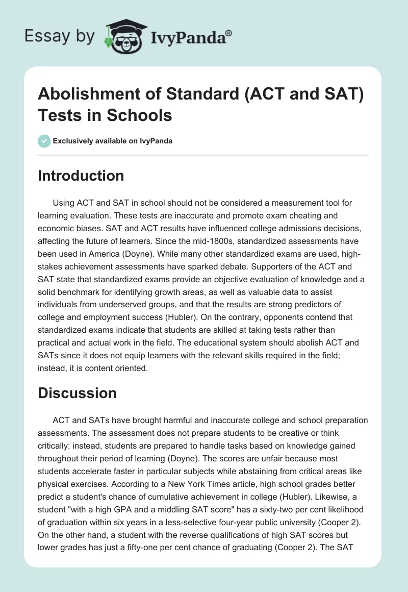 Abolishment of Standard (ACT and SAT) Tests in Schools. Page 1