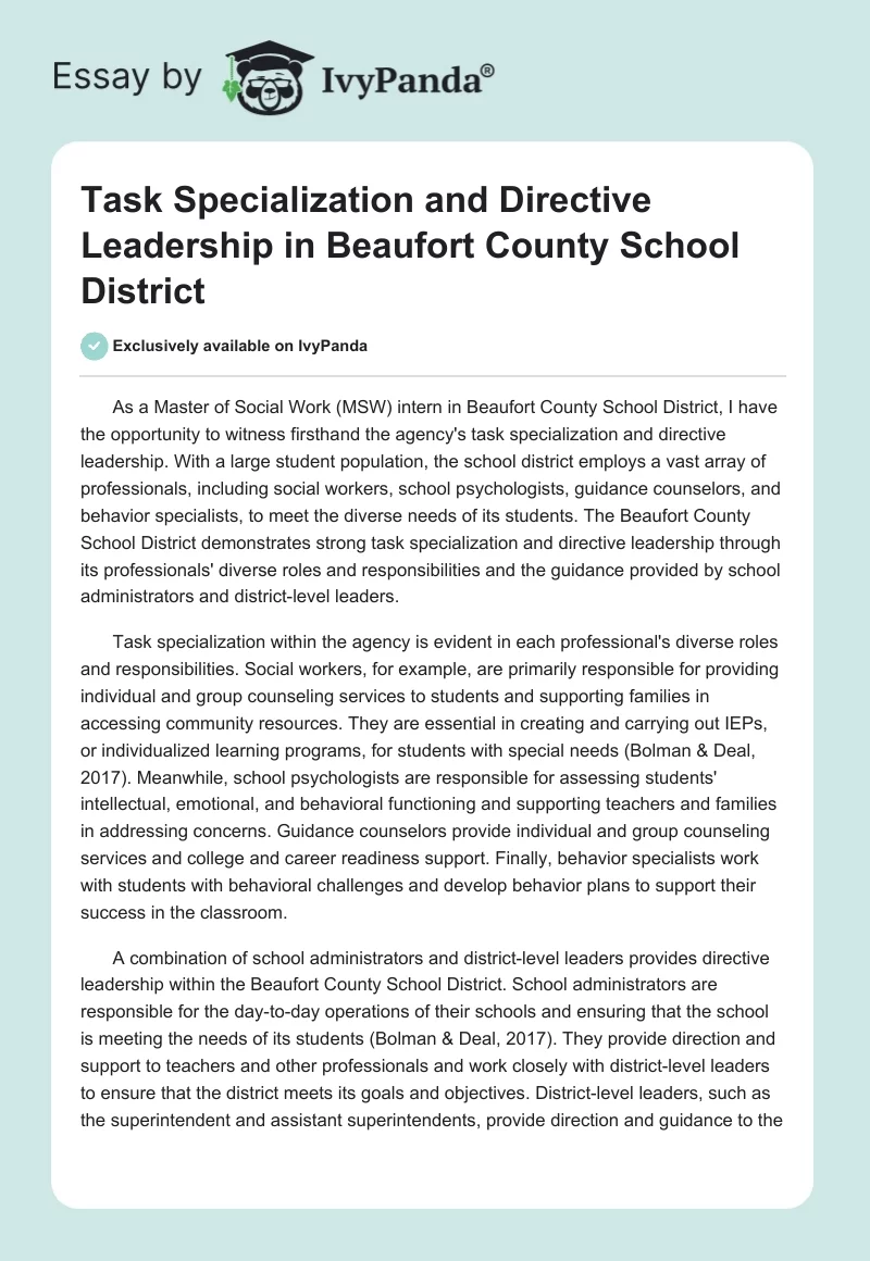 Task Specialization and Directive Leadership in Beaufort County School District. Page 1