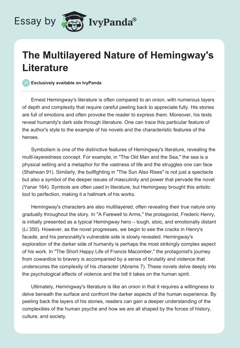 The Multilayered Nature of Hemingway's Literature. Page 1