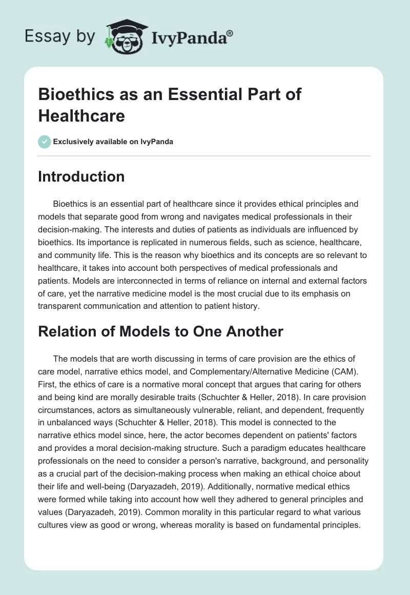 Bioethics as an Essential Part of Healthcare. Page 1