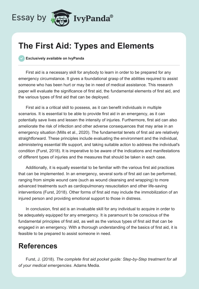 The First Aid: Types and Elements. Page 1