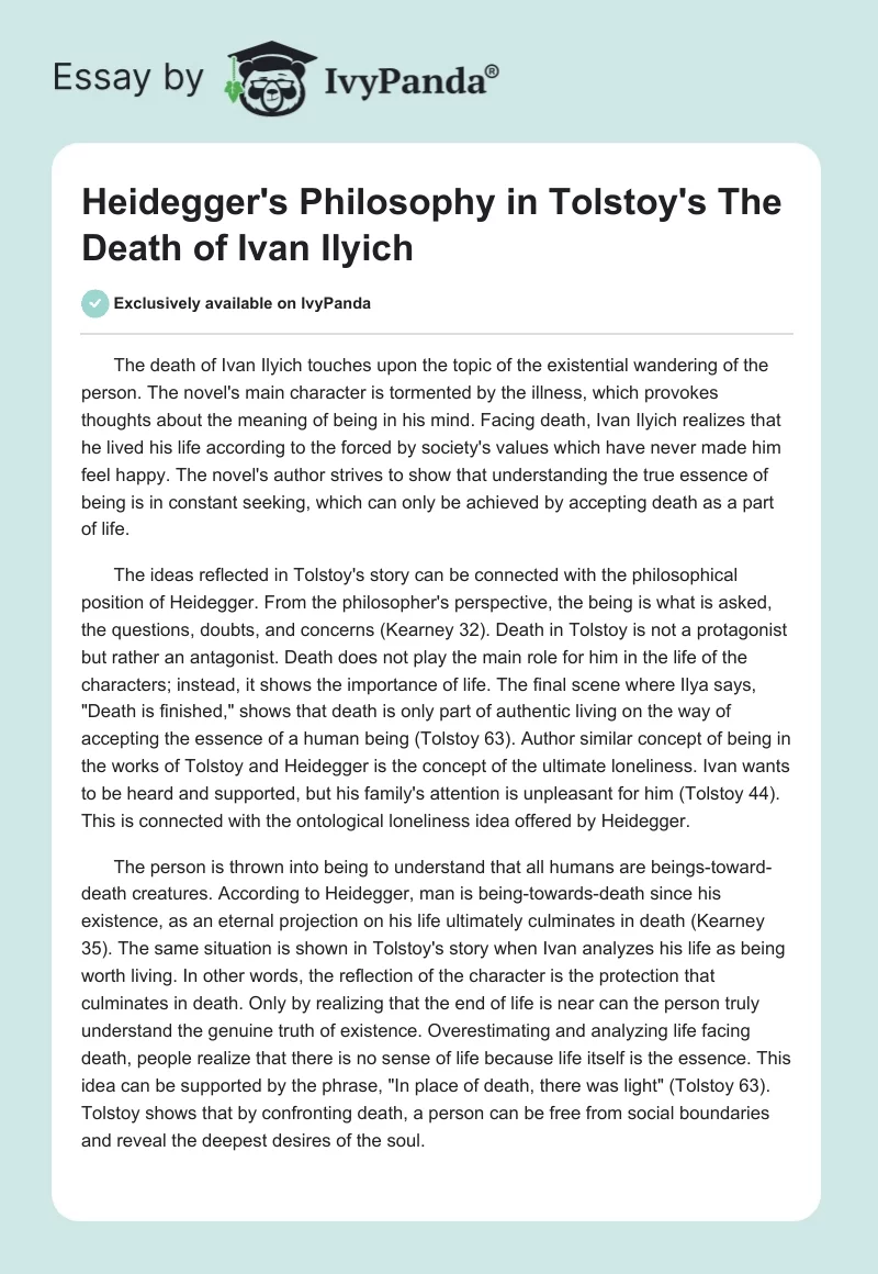 Heidegger's Philosophy in Tolstoy's The Death of Ivan Ilyich. Page 1