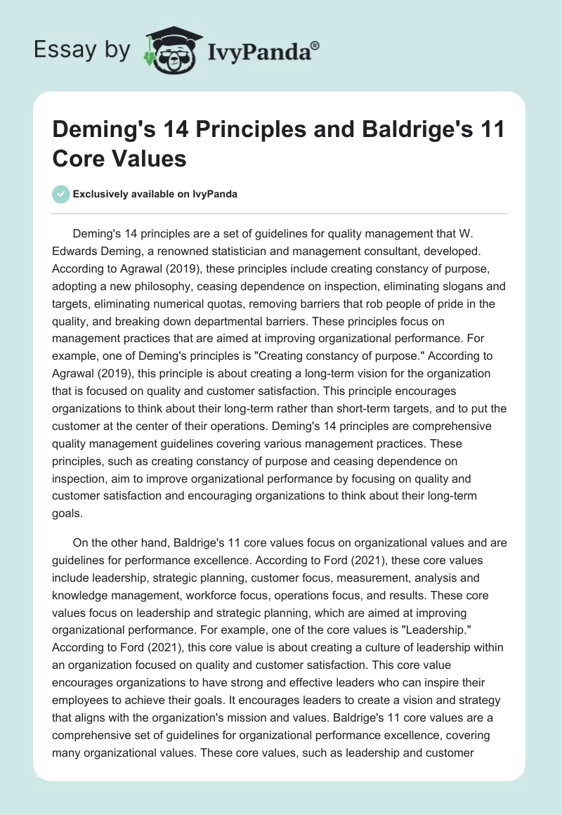 Deming's 14 Principles and Baldrige's 11 Core Values. Page 1