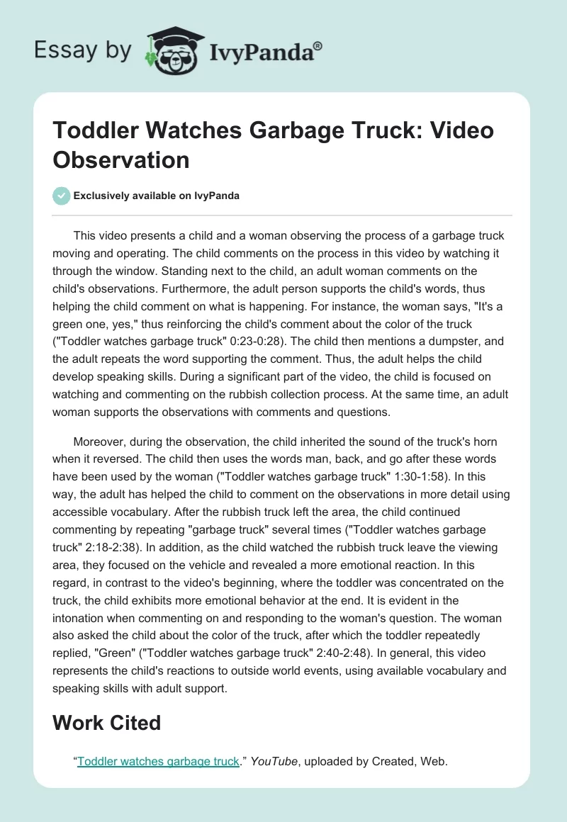 Toddler Watches Garbage Truck: Video Observation. Page 1