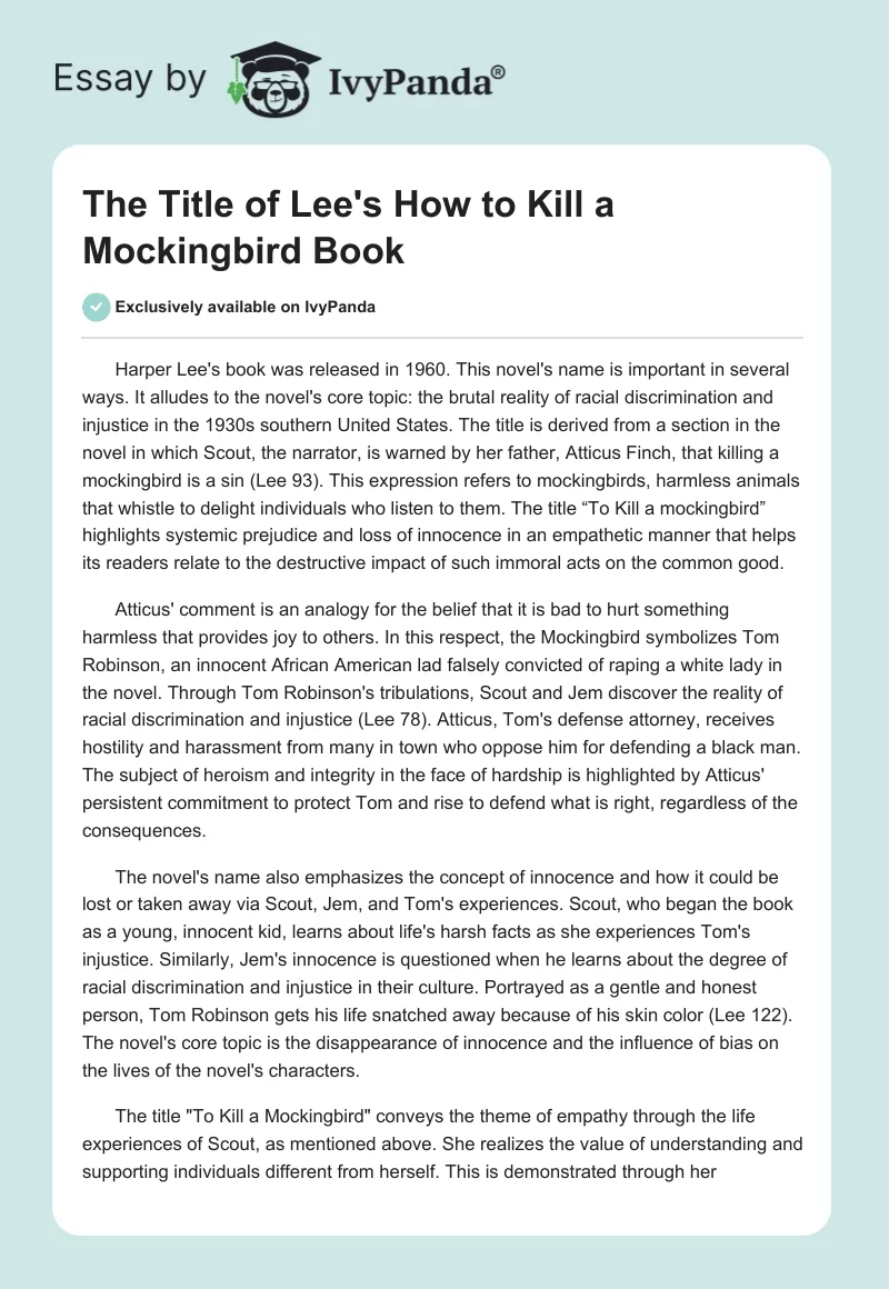 The Title of Lee's "How to Kill a Mockingbird" Book. Page 1