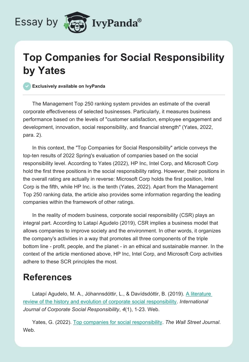 Top Companies for Social Responsibility by Yates. Page 1