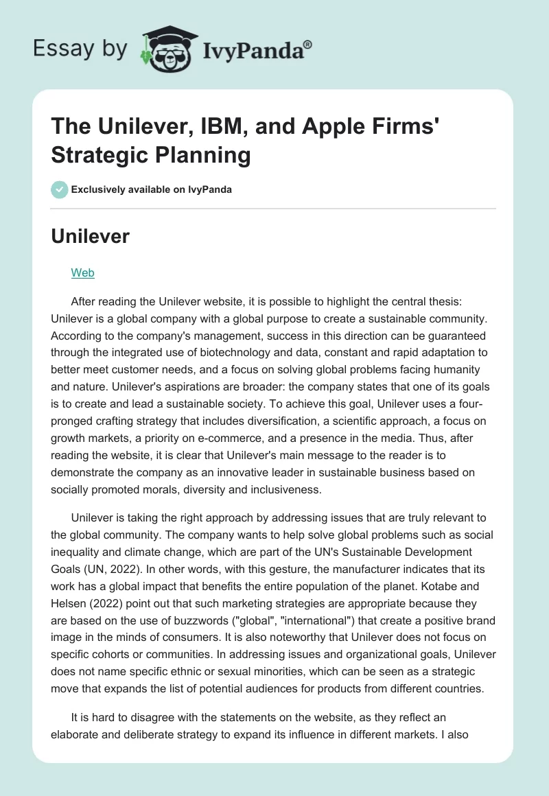 The Unilever, IBM, and Apple Firms' Strategic Planning. Page 1