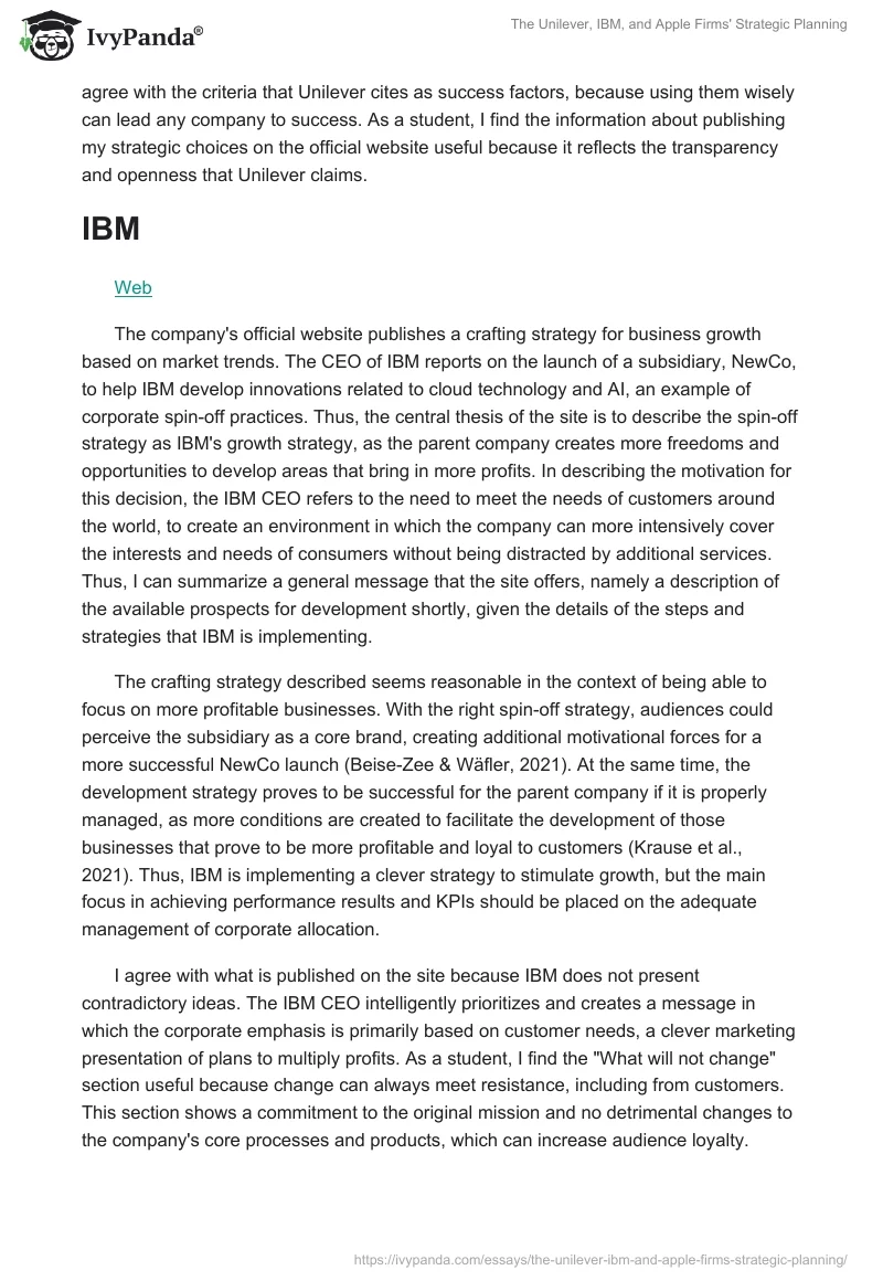 The Unilever, IBM, and Apple Firms' Strategic Planning. Page 2