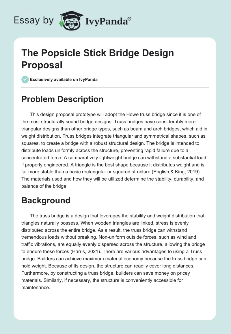 The Popsicle Stick Bridge Design Proposal. Page 1