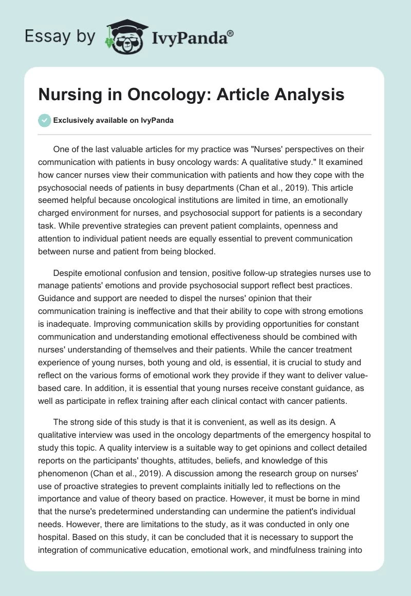 Nursing in Oncology: Article Analysis. Page 1