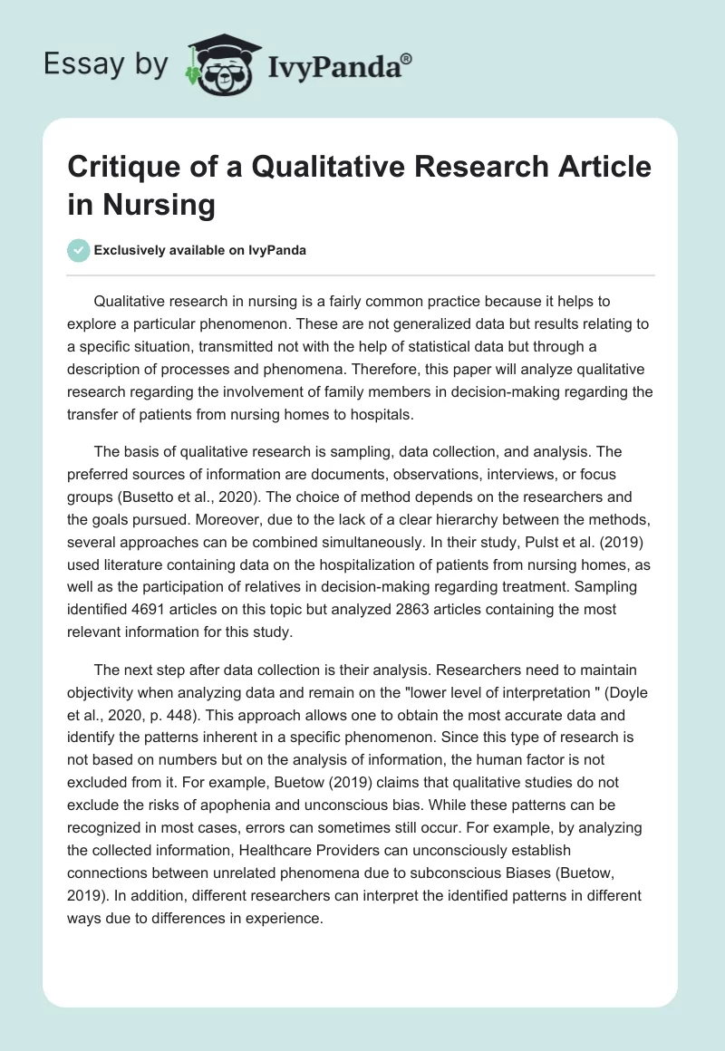Critique of a Qualitative Research Article in Nursing. Page 1
