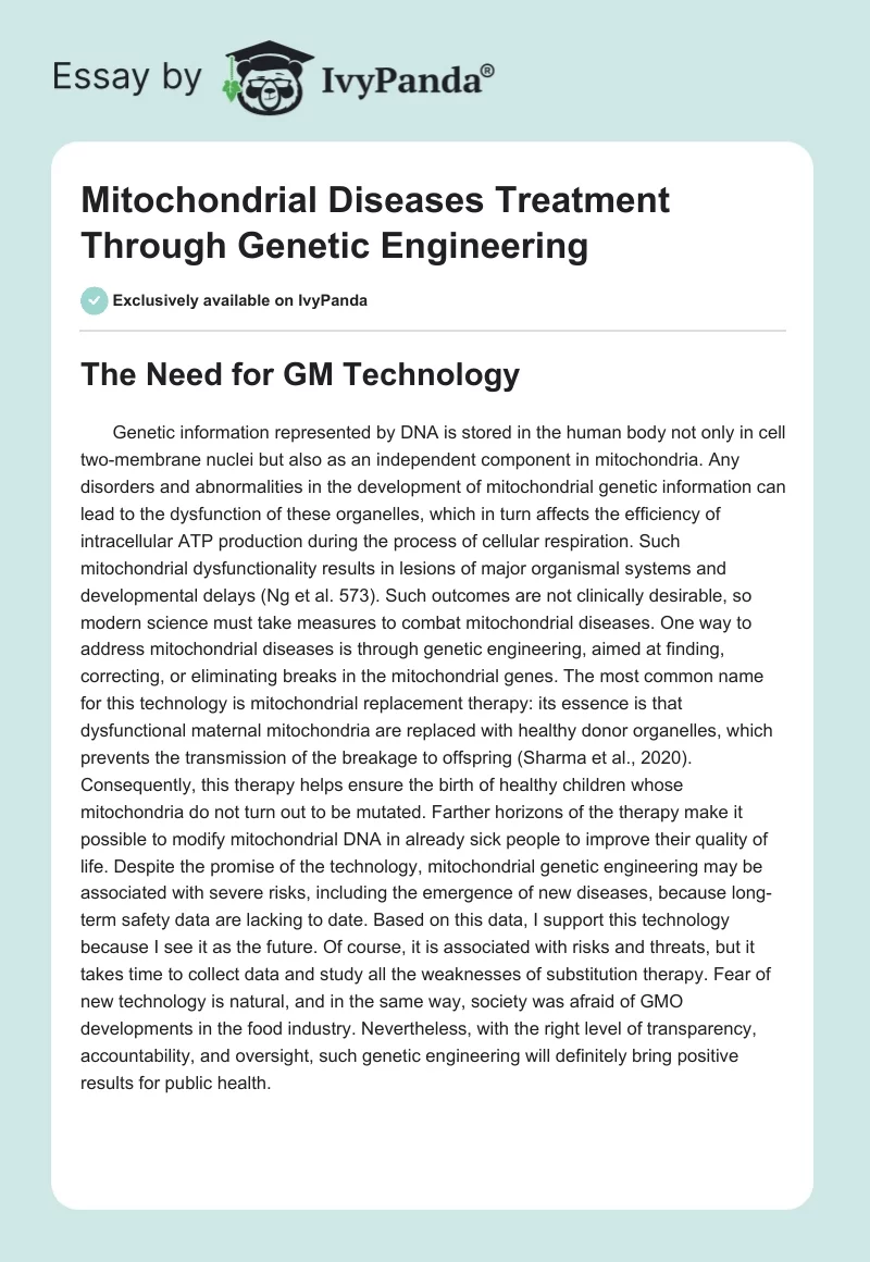 Mitochondrial Diseases Treatment Through Genetic Engineering. Page 1