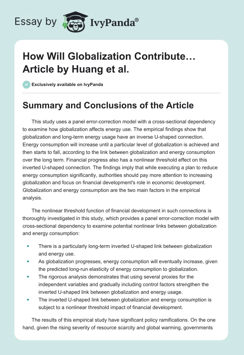 Globalization Impact on Energy Consumption: Article Critique. Page 1
