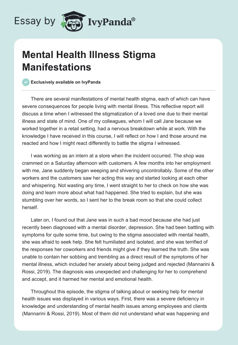Mental Health and Illness Stigmatization Manifestations. Page 1
