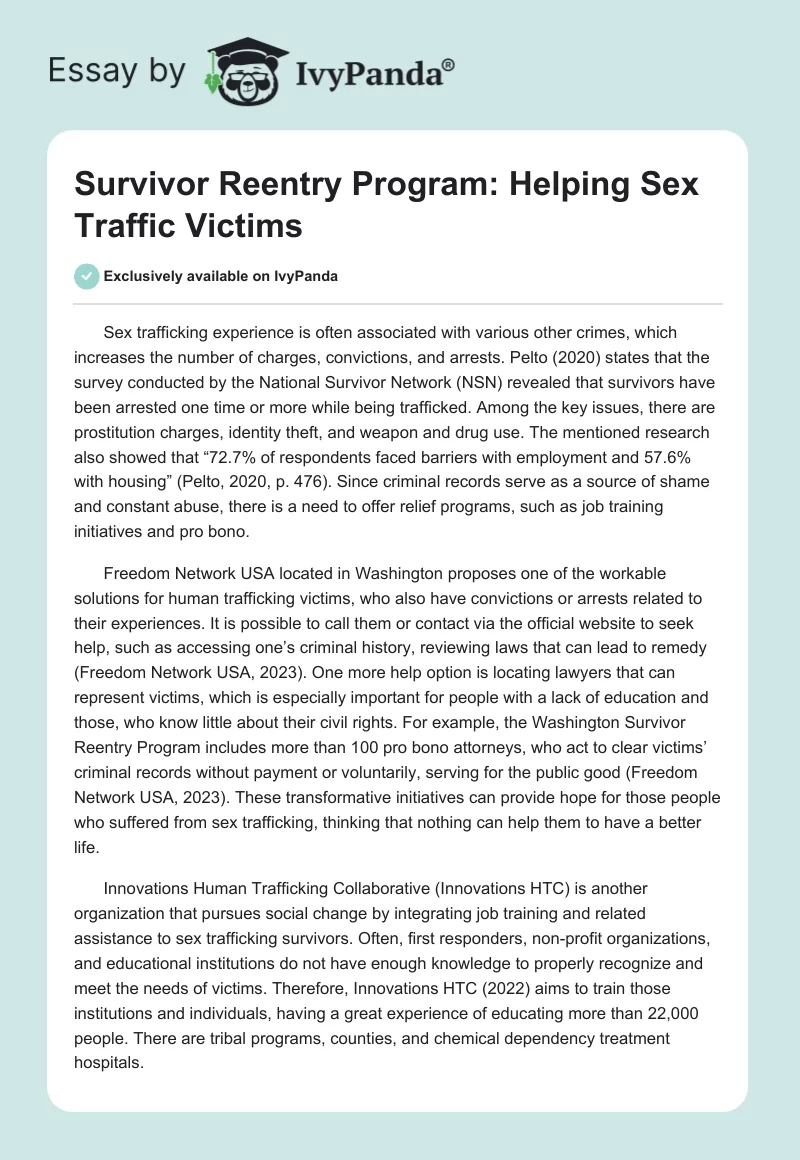 Survivor Reentry Program: Helping Sex Traffic Victims. Page 1