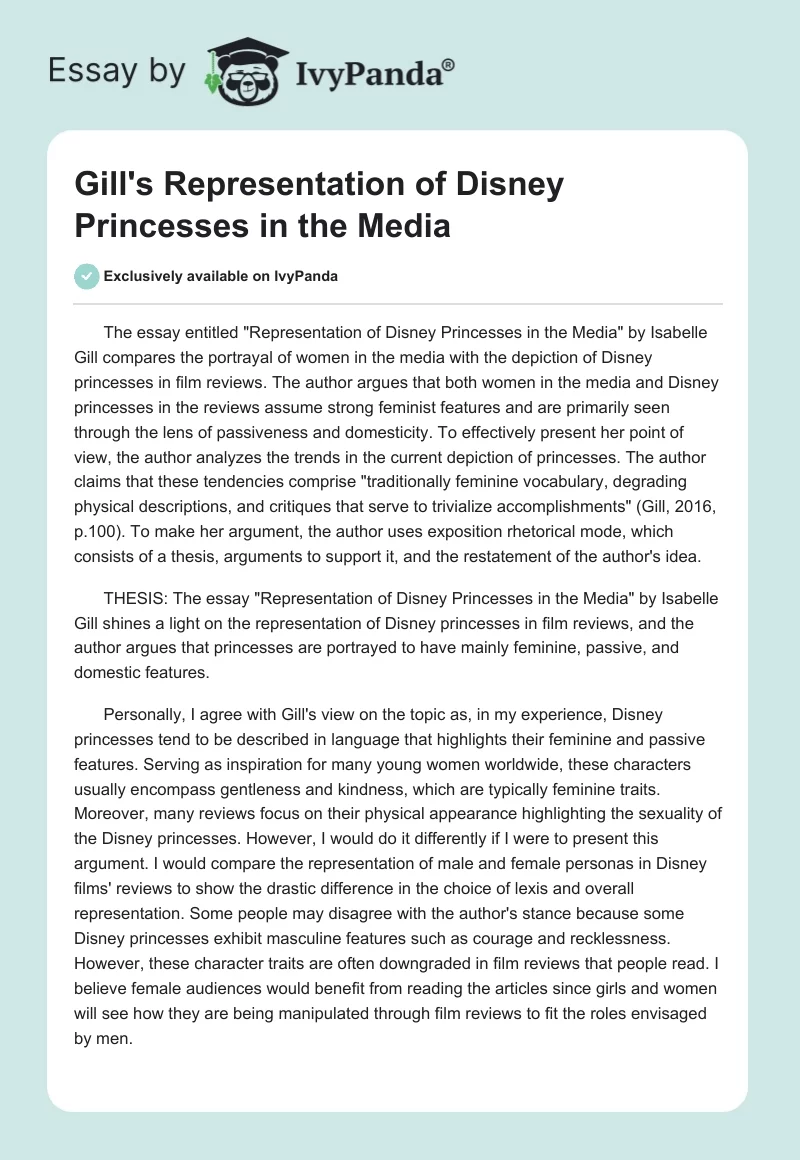 Gill's Representation of Disney Princesses in the Media. Page 1