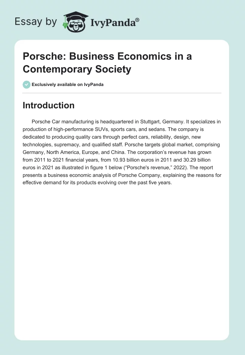 Porsche: Business Economics in a Contemporary Society. Page 1