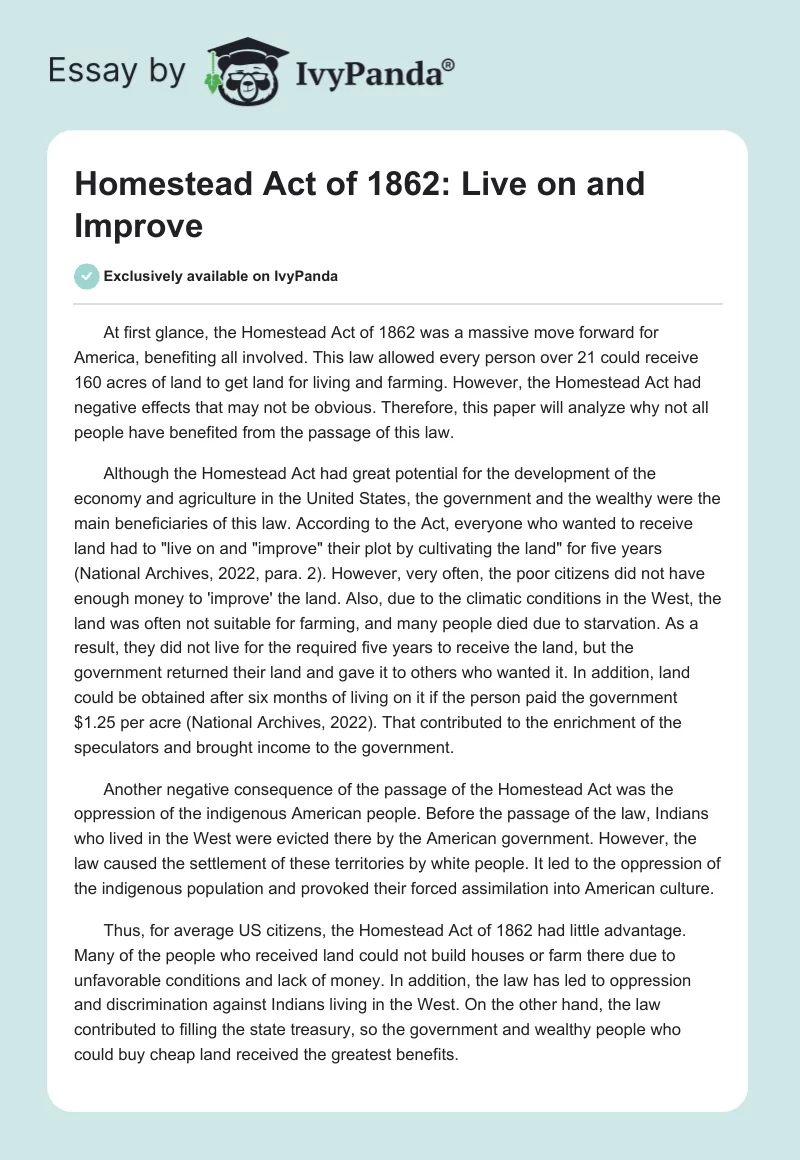 Homestead Act of 1862: Live on and "Improve". Page 1