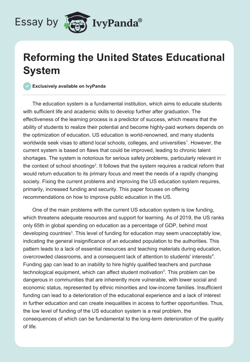 Reforming the United States Educational System. Page 1