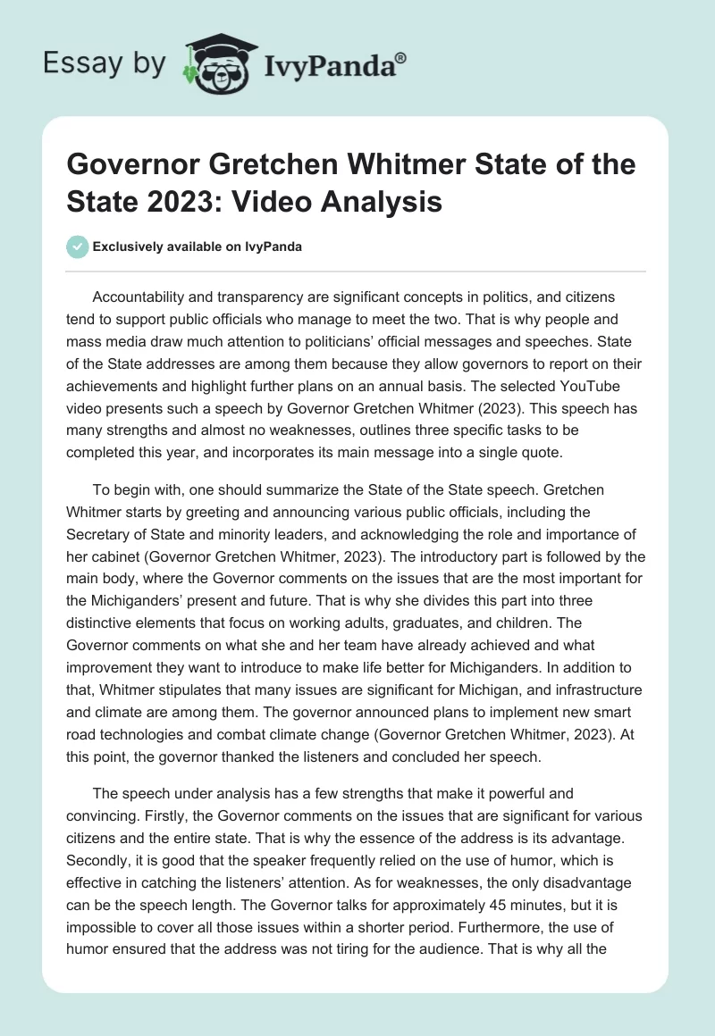 Governor Gretchen Whitmer State of the State 2023: Video Analysis. Page 1